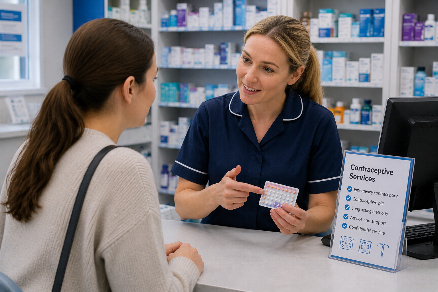 Pharmacist providing contraception advice